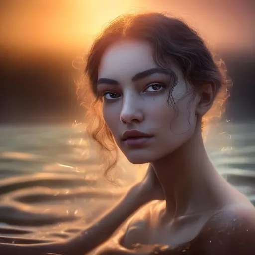 Prompt: In this artistic vision, I aim to capture a scene of exquisite beauty intertwined with the mystical. The woman, with her radiant skin, appears almost ethereal in the soft, diffused light of the setting sun. The water that envelops her possesses a shimmering transparency, unveiling the inviting depths beneath.

Her gaze is both introspective and inviting, evoking a sense of vulnerability and captivating allure. Her lips are slightly parted, as if whispering the secrets of the universe, and her breath, a gentle mist on the air, hints at an unspoken connection with the elements.

The waterline, tracing her waist, accentuates her curves, emphasizing the beauty of her form. Droplets of water cling to her skin, glistening like delicate pearls, inviting the viewer's eyes to wander and explore.

Her discarded clothing, abandoned carelessly nearby, adds an element of allure. The fabric, tousled by the wind, alludes to the intimacy of the moment and the desire to embrace the raw authenticity of her experience.

Her flowing hair, a cascade of silk, invites the viewer to imagine its tactile softness and the sensation of running one's fingers through its wet tendrils.

The play of light on her body and the water's surface accentuates the scene's inherent beauty. The interplay between light and shadow teases the imagination, suggesting the mesmerizing secrets concealed within this enchanting moment.
