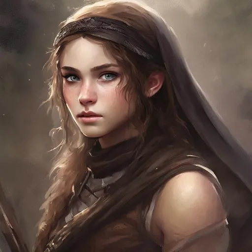 Prompt: head portrait of a beautiful fantasy young teenaged maiden dressed like a modest, rugged ranger, black cape. brunette hair, grey eyes. Epic romantic painting