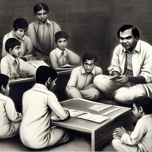 Prompt: Create an image of Mathematician Ramanujan teaching young kids 
