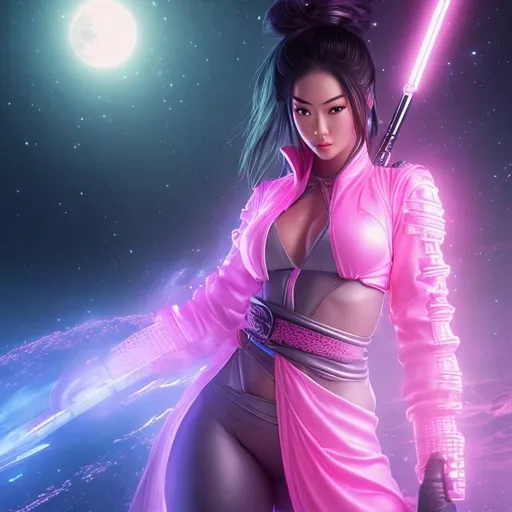 Prompt: create photograph of beautiful  female ninja who is wearing bright pink futuristic ninja robes,  night time and beautiful sky  space and planets an nebulae in sky highly detailed, detailed face, extremely detailed environment, extremely detailed background, extremely detailed skin, extremely detailed clothing, natural colors , professionally color graded, photorealism, 8k, realistic, moody lighting, galactic environment, volumetric lighting