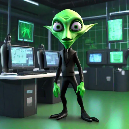 Prompt: A 3D rendering of Henry in his alien form. He has green skin, large, pointed ears, and a long, forked tongue. He is wearing a tight-fitting black suit. He is standing in a laboratory, and the background is a series of computer screens.