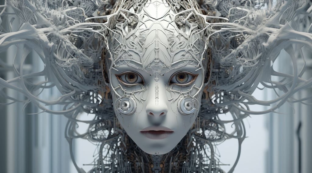 Prompt: an image is shown of a fractal shaped face made of wires, in the style of futuristic, sci-fi elements, highly detailed realism, cryengine, dark symbolism, futuristic robots, emphasis on facial expression, intricate patterns