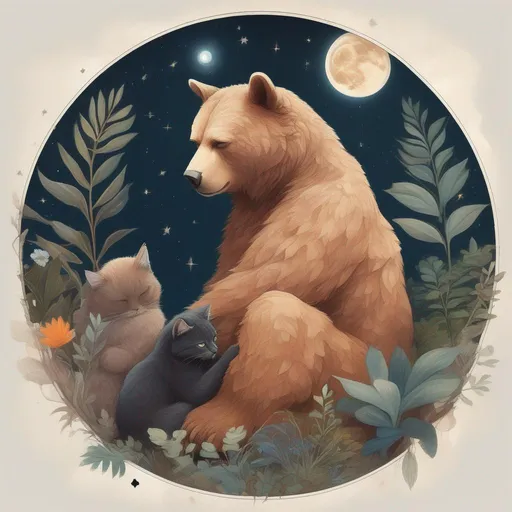 Prompt: A cat cuddling with a brown bear, surrounded by plants and trees colourful and semi-realistic painted style, framed by the moon, mountains and constellation.