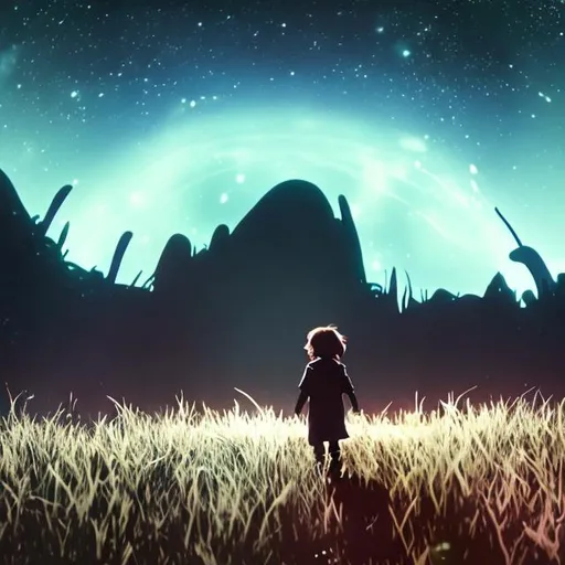 Prompt: The shadowy figure of a child wandering through a field of stars on a foreign planet 