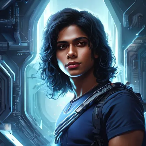 Prompt: handsome early-twenties  hindu man, blue eyes, medium-dark skin, long black hair, smile, sharp nose, black jumpsuit, futuristic, chillwave, portrait, realistic details, photorealistic, 8k render, cinematic lighting, ultra detailed