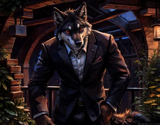 Prompt: solo, anthro, (by_kenket), wolf, dark fur, red eyes, in a business suit, underworld location