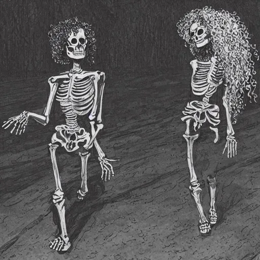 Prompt:  a curly haired woman walking down the road by night. there are skeletons around her