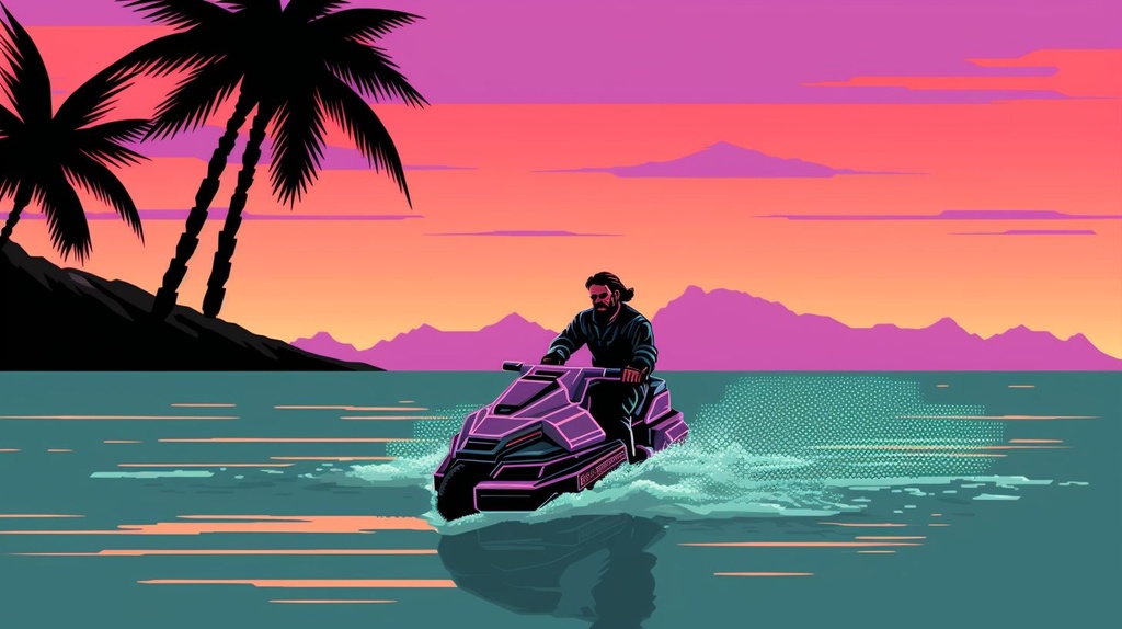 Prompt: miami vice wild chase water scooter in the style of embossed metallic 2d gameplay