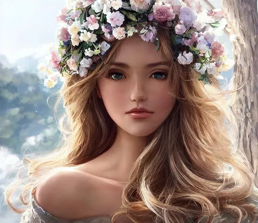 Prompt: Closeup face portrait of a white girl wearing crown of flowers, smooth soft skin, big dreamy eyes, beautiful intricate colored hair, symmetrical, anime wide eyes, soft lighting, detailed face, by makoto shinkai, stanley artgerm lau, wlop, rossdraws, concept art, digital painting, looking into camera