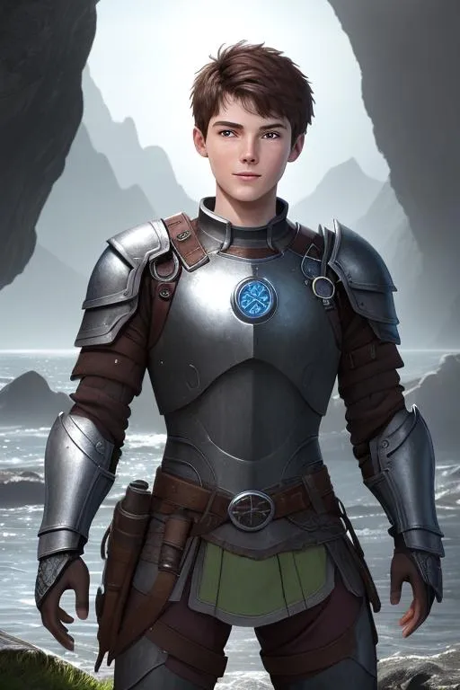 Prompt: Digital art, ((bright colors)) (((DreamShaper Version 1))), a 21-year-old viking young man, subtle smile, round head, round face, short dark brown hair, brown hair, muscular, vibrant village, lots of sunlight, green gear, silver armor, light green eyes, Tidal Class seal on chest armor, unreal engine 8k octane