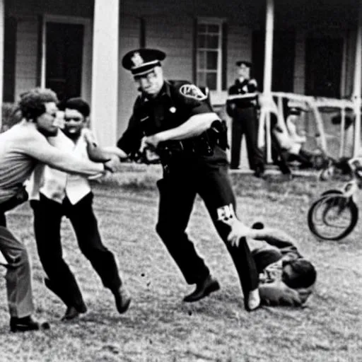 Prompt: old 60s photo of police beating up hippies