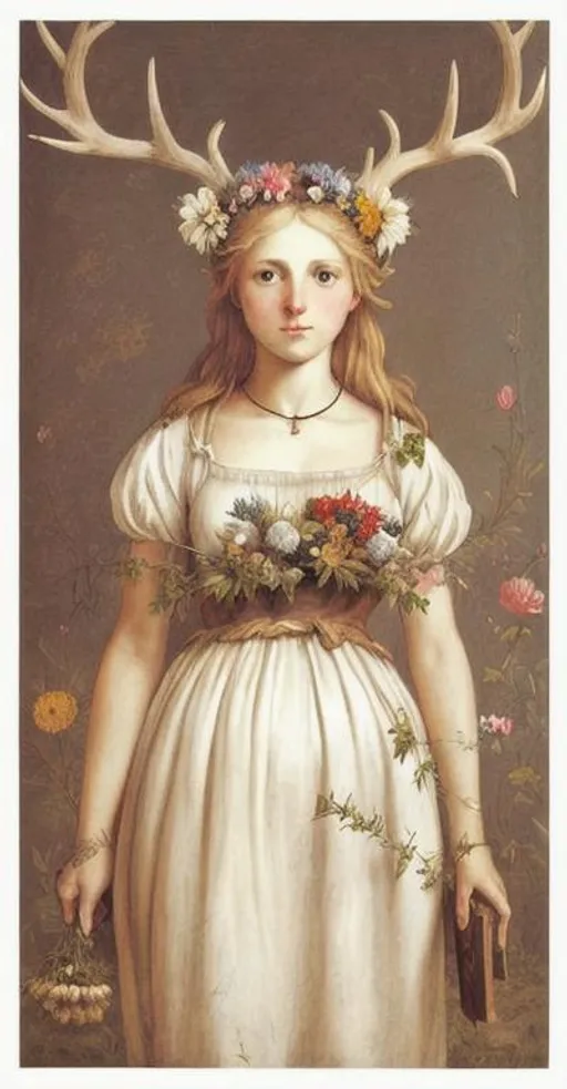 Prompt: Blond girl with flowers in her hair, antlers, crucifix around her neck, wearing a white dress, holding a bible, flora growing all around her, in the art style of Artemisia Gentileschi and Titian