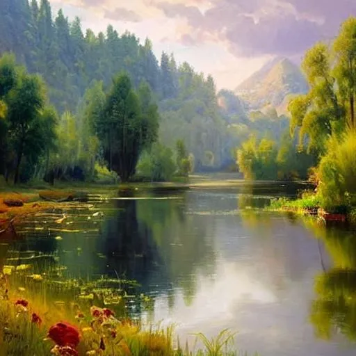 Prompt: Create a painting of a serene lake or river landscape in the style of Peder Mork Monsted using stable diffusion. Use the technique to capture the subtle variations in color and light, creating a sense of peace and tranquility in the painting