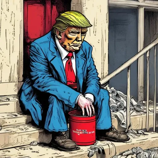Prompt:  Old, empty, baked bean tin can, + Lonely, poor, miserable beggar Trump sitting on stairs in front of the courthouse in tattered rags with a tin can, longer red tie, bright colored Sergio Aragonés MAD-magazine style
