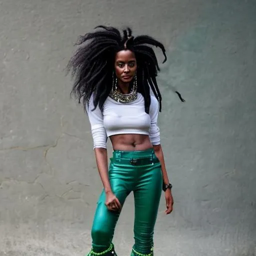 Prompt: Beautiful  woman with curly dreads standing tall and slim with green leather pants she has a long neck and shaped like a lightbulb. She wears blue boots. Eyes shaped like marbles and skin tone is black and white 