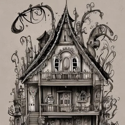 Prompt: Dollhouse attic in the style of Tim Burton 