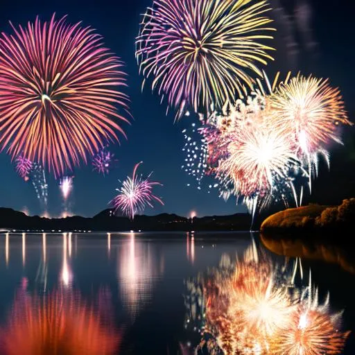 Prompt: fireworks over water with reflection