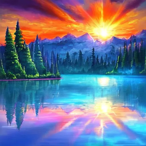 Prompt: blue lake,, evening, dreamcore, beautiful sunset with sunrays, Bob Ross style