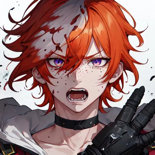 Prompt: Erikku male adult (short ginger hair, freckles, right eye blue left eye purple) UHD, 8K, Highly detailed, insane detail, best quality, high quality, covered in blood, covering his face with his hand, wide eyes, insane, fear, threatening, laughing, angry, fighting, psychopathic, anime style