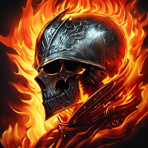 Prompt: Knight with flaming skull helmet
Surrounded by flames