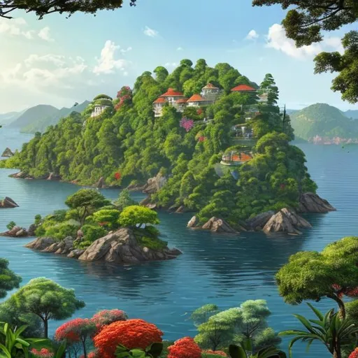 Prompt: a stunning view of a body of water surrounded by lush green trees and plants. A rocky shoreline can be seen in the foreground, with a house perched atop it featuring a red roof. The sky is filled with white clouds, adding to the peaceful atmosphere of the scene. In the center of the lake, there is an island covered in vegetation and flowers that stands out against its blue waters. Further away from this island are more trees and shrubs that line up along the shoreline. On one side of this lake, there appears to be someone swimming or wading in its cool depths. This tranquil landscape provides an idyllic setting for anyone looking for some peace and quiet away from their everyday life.