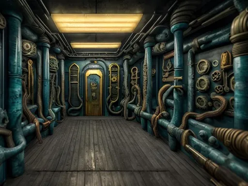 Prompt: Dark weapons shopfront,store on the submarine with many doors,