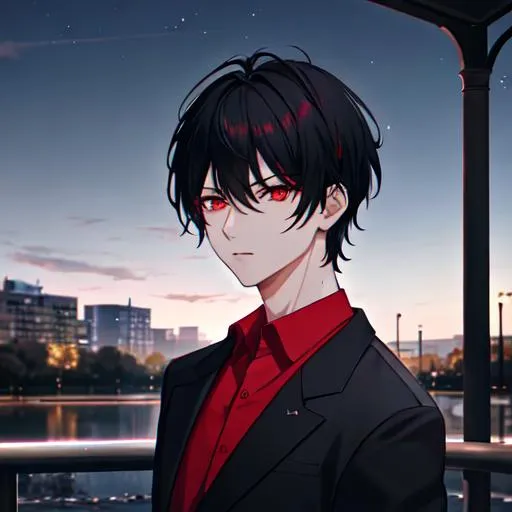 Prompt: Damien (male, short black hair, red eyes) in the park at night, casual outfit, dark out, nighttime, midnight, 8k resolution, awe inspiring, epic, ultra detailed, high resolution, include original colors, dramatic, volumetric,  extreme detail in the sky,