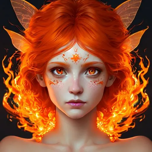 Prompt: Portrait of a faerie with fiery orange hair and with cute face,  highly detailed, symmetrical face, fire vibes, perfect composition, hyperrealistic, super detailed, 8k, high quality, trending art, trending on artstation, sharp focus, studio photo, intricate details, highly detailed, by greg rutkowski
