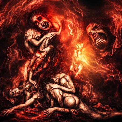Prompt: Two souls colliding in hell while being torn apart by demons