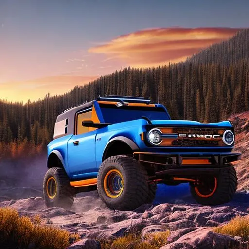 Prompt: A neon blue 2022 ford bronco with monster truck wheels. On the Rocky Mountains during a bright and vibrantly coloured sunset.