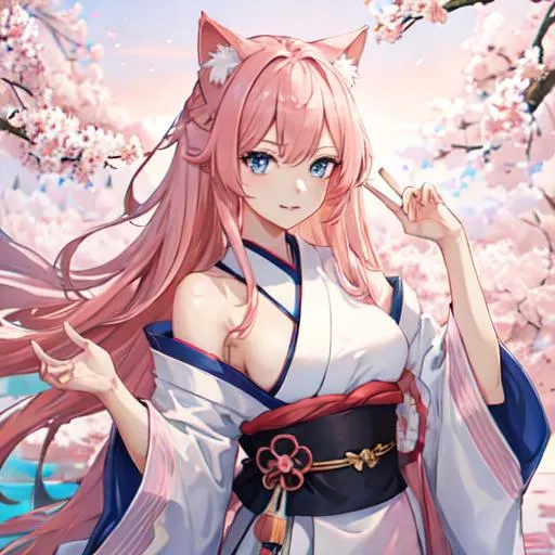 Prompt: Japan as a female human, 8k, UHD,  highly detailed, pink hair, blue eyes, cat ears