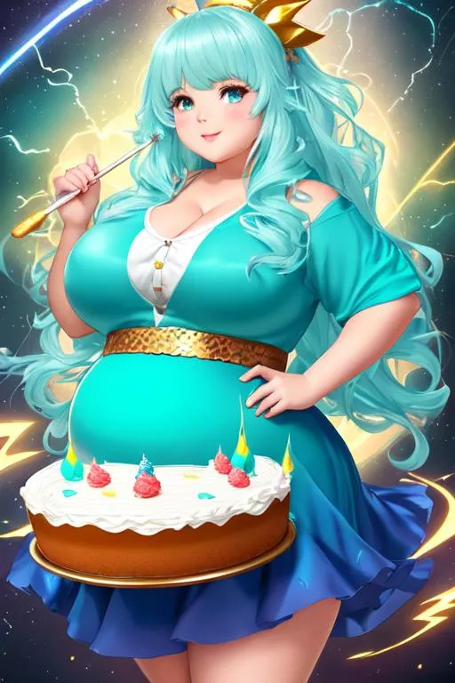 Prompt: oil painting, UHD,  8k, Very detailed face, panned out, cute chubby female lightning elemental, gluttonously devouring an extremely large cake, chubby cheeks, fat thighs, fat belly, she has flowing hair, she wears a very tight turquoise Japanese skirt with frosting stains on it, a turquoise cloth across her chest, she is bursting out of her clothes, she is laying down on the ground,  