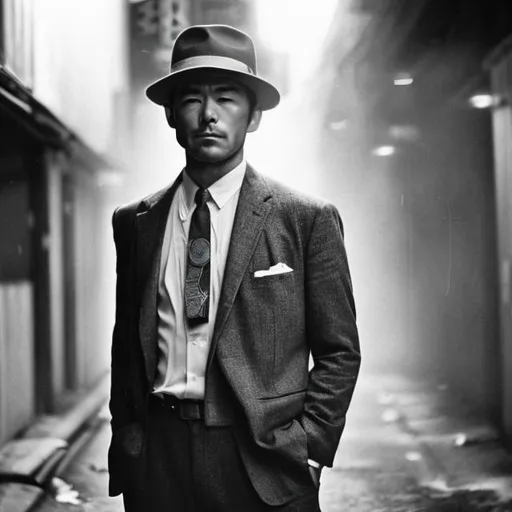 Prompt: A stoic detective standing in a dimly lit alley of 1960s Japan, cigarette smoke curling in the air around him, his sharp eyes peering through the haze, wearing a tailored suit and fedora hat, capturing his rugged yet refined appearance, Black and white photography, vintage film camera with a 50mm lens