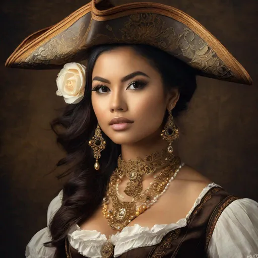 Prompt: pretty young Indonesian woman, 25 year old, (round face, high cheekbones, almond-shaped brown eyes, small delicate nose), (pirate costume), posing for a picture, active pose, lemish Baroque by Alexander fKucharsky, trending on cg society, rococo, steampunk, rococo, enchanting, masterpiece, intricate detail