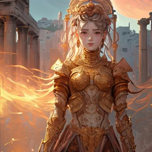 Prompt: "portrait knights of zodiac girl, golden and copper shining armor, karate pose, in ruined agora of athens sunrise, ssci - fi and fantasy, intricate and very very beautiful and elegant, highly detailed, digital painting, artstation, concept art, smooth and sharp focus, illustration, art by tian zi and wlop and alphonse mucha and z - - ed"