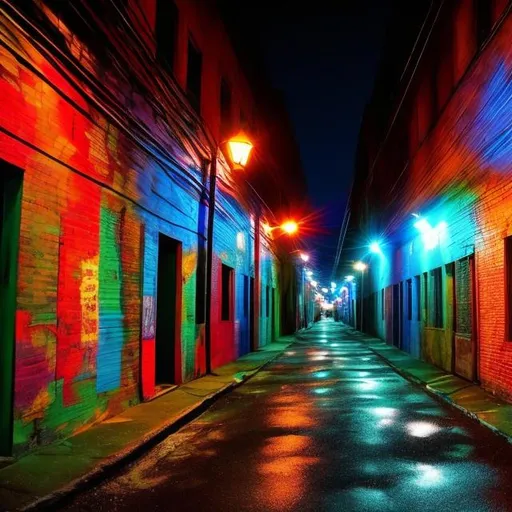 Prompt: Colorful alley at night