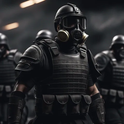 Prompt: Several modern roman military male in black military roman armor, and gas mask, background dark battle, last days in earth, Hyperrealistic, sharp focus, Professional, UHD, HDR, 8K, Render, electronic, dramatic, vivid, pressure, stress, traumatic, dark.