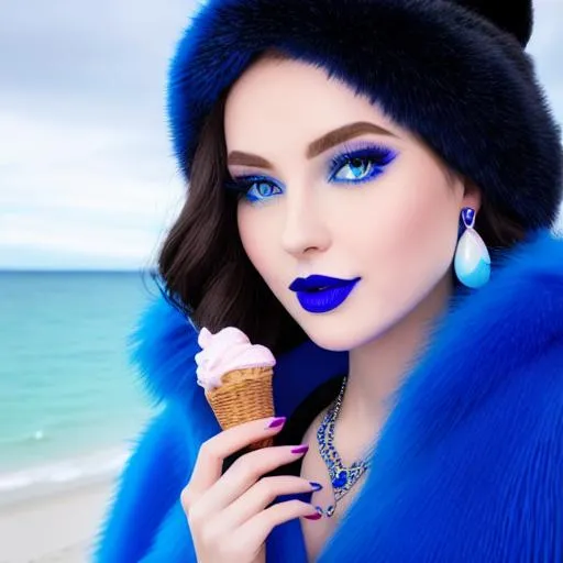 Prompt: Daisy Ridley, eating candy ice cream, blue lipstick, snowy beach, blue heart necklaces, Thick blue fur coat, Black Cape, pleasant face, blue eyes, Black-purple eyeshadow, long ice earrings. Cold color scheme, ultradetailed, 8k resolution, perfect, smooth, high quality, shiny. 