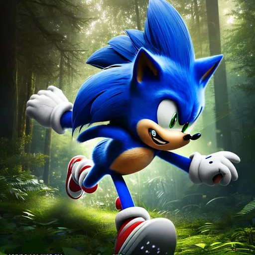 Prompt: Sonic the Hedgehog running through a forest with a determined expression on his face, surrounded by trees and foliage. 
Image Type: Photography
Artistic Style: Realistic 
Inspiration: Wildlife photography
Camera: Sony a7 III
Lens: 70-200mm f/4 G OSS
Shot Framing: Medium Shot
Background: Forest setting with tall trees and abundant foliage
Post-processing: Chromatic Aberration, HDR
Lighting: Natural light, with a slight golden hour glow
Color: Vivid colors, with a pop of blue for Sonic's fur
Render: Ray Tracing