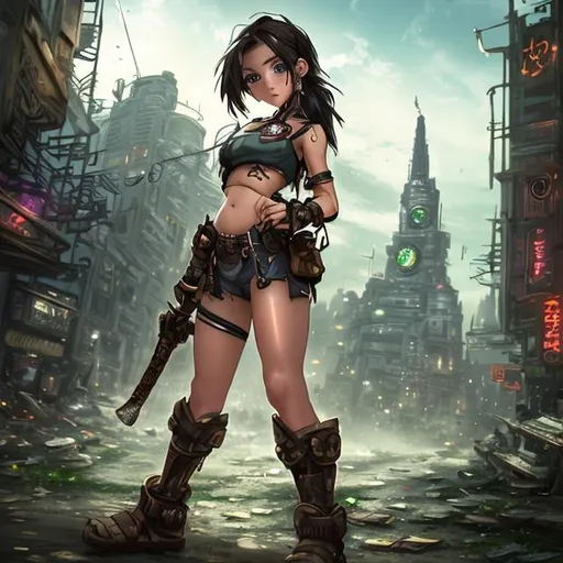 Prompt: 4k high resolution cgi anime steampunk style, petite native american brunette female, pretty face, green eyes, high cheek bones, smirk on lips, dark green bikini top, low slung cargo shorts, lightly tanned muscular body with minor cuts and bruises, carrying a torn teddy bear, holding a katana sword in her hand, post apocalyptic city skyline in background, large blue moon in the sky, 