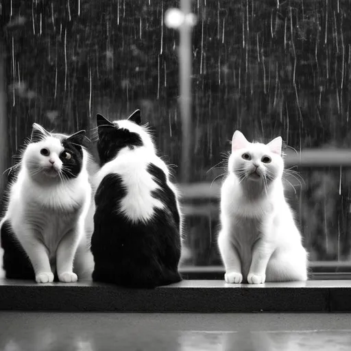 Prompt: black and white cats looking at the rain