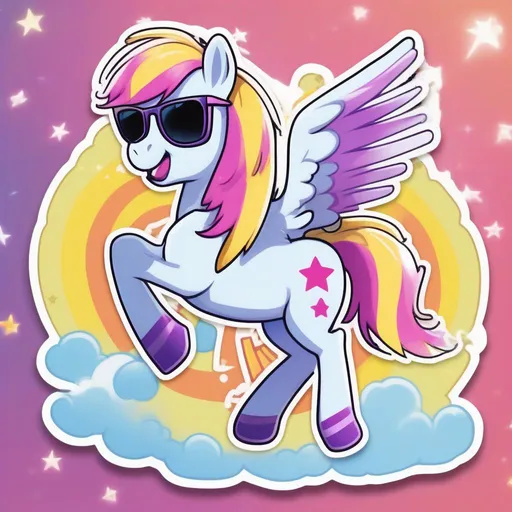 Prompt: A sticker image cartoon pony with a yellow body and a pink and yellow mane and tail. The pony has wings and a tail that are pink and purple. The pony is wearing a striped blue and white shirt and sunglasses. The pony is flying in the sky with a rainbow trail behind it. The background is blue with white clouds and stars. The image has a caption that reads “Rainbow Dash is awesome!”