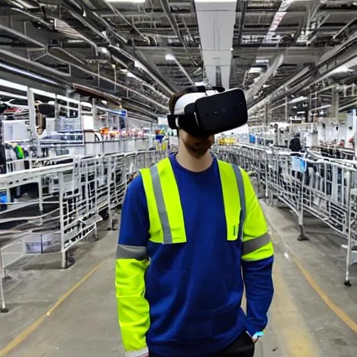 Prompt: A guy wearing VR goggles standing in the middle of production lines