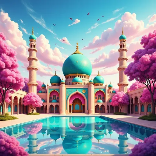 Prompt: This is a digital painting in a vibrant, semi-realistic style depicting a fantastical mosque. The mosque is centrally located in the image, featuring a large turquoise dome with intricate patterns and two tall, slender minarets with pink accents. The dome is surrounded by smaller turquoise domes, and the mosque's facade includes arched entrances with red and turquoise colors. The building is reflected in a calm, rectangular pool that occupies the foreground, leading the viewer's eye towards the mosque.

The background showcases a sky filled with soft, pink and blue hues, with fluffy clouds and a few birds in flight. To the right of the mosque, a vivid pink tree adds a striking contrast to the scene. The mosque is framed by an arched stone structure in the lower corners, suggesting a courtyard or entranceway.

The textures in the painting are smooth, with a slight painterly quality to the brushstrokes. The colors are bright and saturated, creating a dreamlike, almost surreal atmosphere. The overall composition is balanced, with the mosque as the focal point and the reflective pool adding depth and symmetry to the scene.