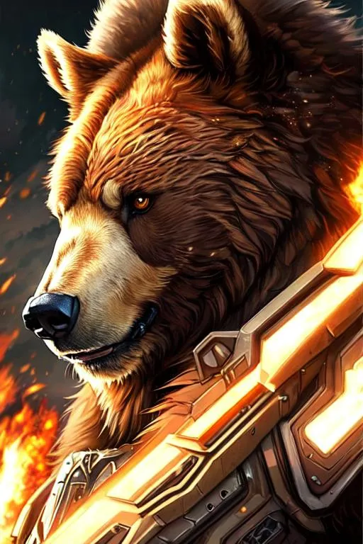 Prompt: Poster art, high-quality high-detail highly-detailed breathtaking hero ((by Aleksi Briclot and Stanley Artgerm Lau)) - ((a Bear )), angry face, 8k helmet, male, highly detailed Bear helmet, carbon fibre helmet, detailed brown fur, king of the bears, detailed ivory mech suit, full body, black futuristic mech armor, wearing mech armour suit, 8k,  full form, jungle  setting, highly detailed flame thrower, full form, epic, 8k HD, fire, sharp focus, ultra realistic clarity. Hyper realistic, Detailed face, portrait, realistic, close to perfection, more black in the armour, 
wearing blue and black cape, wearing carbon black cloak with yellow, full body, high quality cell shaded illustration, ((full body)), dynamic pose, perfect anatomy, centered, freedom, soul, Black short hair, approach to perfection, cell shading, 8k , cinematic dramatic atmosphere, watercolor painting, global illumination, detailed and intricate environment, artstation, concept art, fluid and sharp focus, volumetric lighting, cinematic lighting, 
