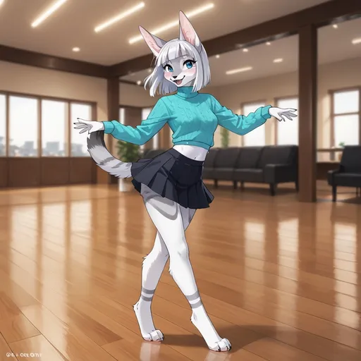 Prompt: Slim and cute Anthropomorphic furry style  jackal girl dancing in a 50’s style skirt with tight sweater on a dance floor at a furry dance hall.  Many Other Furry characters of different  (anthropomorphic origins and genders) dancing  in the blurred background 