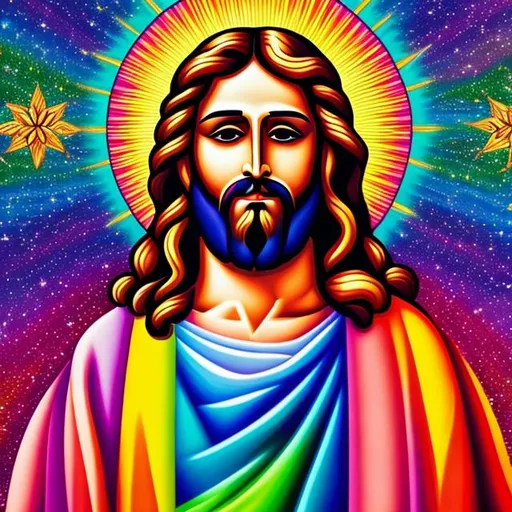 Prompt: A poster of Jesus Christ inspired by Lisa Frank, high quality, meticulously detailed, vibrant colors, 4K