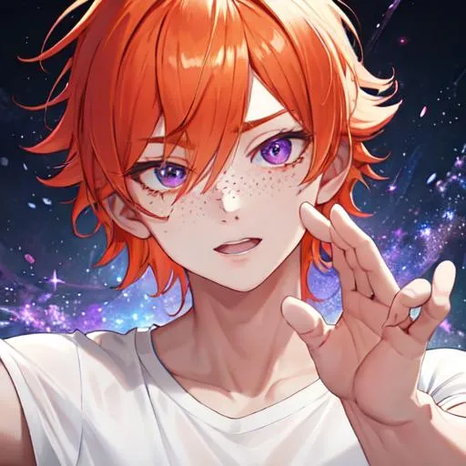 Prompt: Erikku male (short ginger hair, freckles, right eye blue left eye purple) muscular, UHD, 8K, Highly detailed, insane detail, best quality, high quality. hands in the air, wearing a t-shirt
