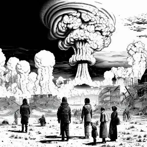 Prompt: draw me an black and white illustration for a book about a world after a nuclear war, people are waiting for death