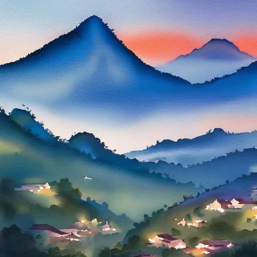 Prompt: Dusk over a tropical mountain valley village in watercolor